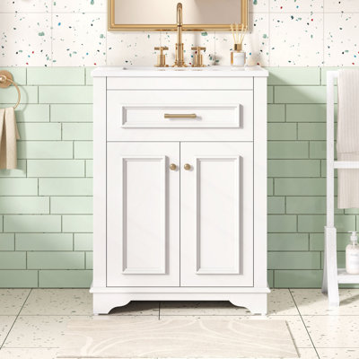 Meuble-lavabo 24 po avec lavabo en céramique intégré, armoire de salle de bain avec 2 portes, 1 tiroir basculant et meuble-lavabo simple pour salle de bain de petite et moyenne taille