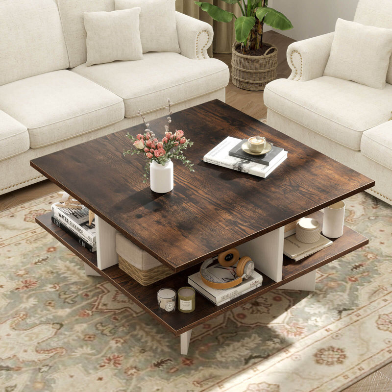 Table basse carrée de style industriel à 2 niveaux avec base en forme de X