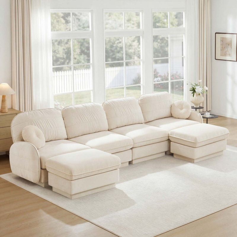 Canapé en U en chenille avec repose-pieds mobile et assise profonde, Cream Beige Chenille, Cream Beige