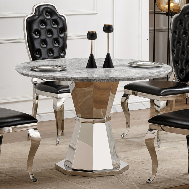 Table de salle à manger ronde pour table de 4 po, 47 po avec base en acier inoxydable, gris doux et argent, table de cuisine moderne