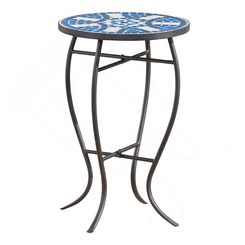 Outdoor Round Side Table With Mosaic-Style Top And Curved Iron Legs, End Table-Blue ,Wihte And Matte Black