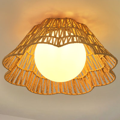 17.9" Matte Brown Iron & Woven Rattan 1-Light Flush Mount with White Globe Shade