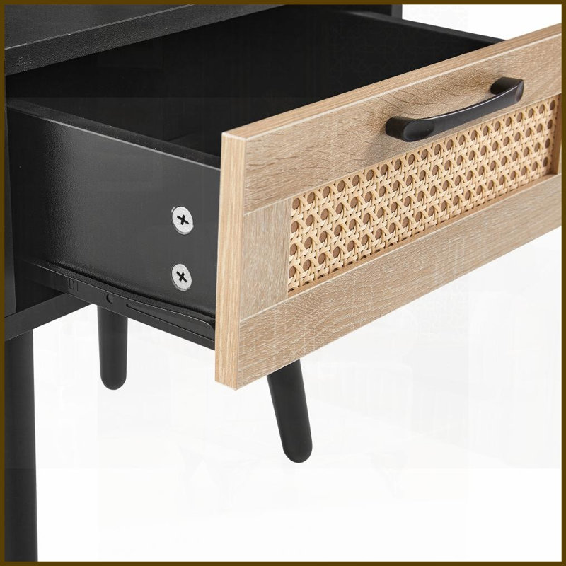 Table basse en rotin noir avec pieds en bois massif, Power & amp; USB, facile à nettoyer pour le salon, Noir/naturel