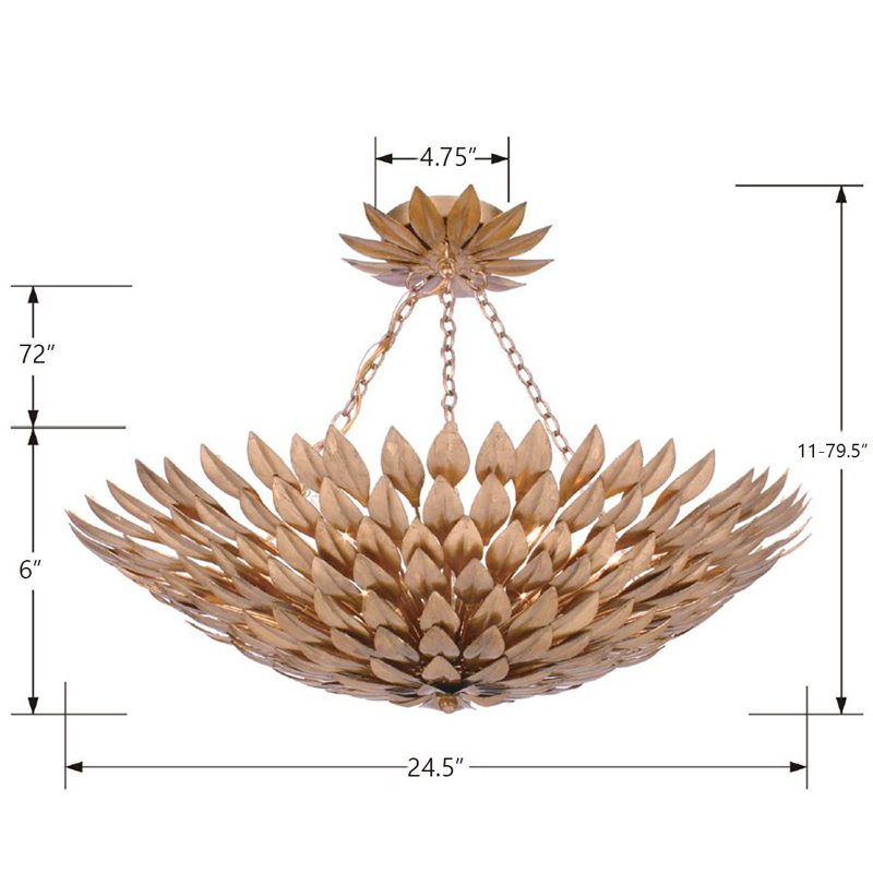 Broche 6 Light Semi Flush Mount, 6'H x 24.5"W 24.5"D, Antique Gold, 6 Lights