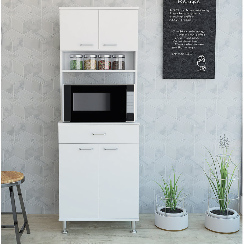 Blandina Kitchen Pantry with Open Space for Microwave or Coffee Maker, One Drawer, and Two Closed Storage, White