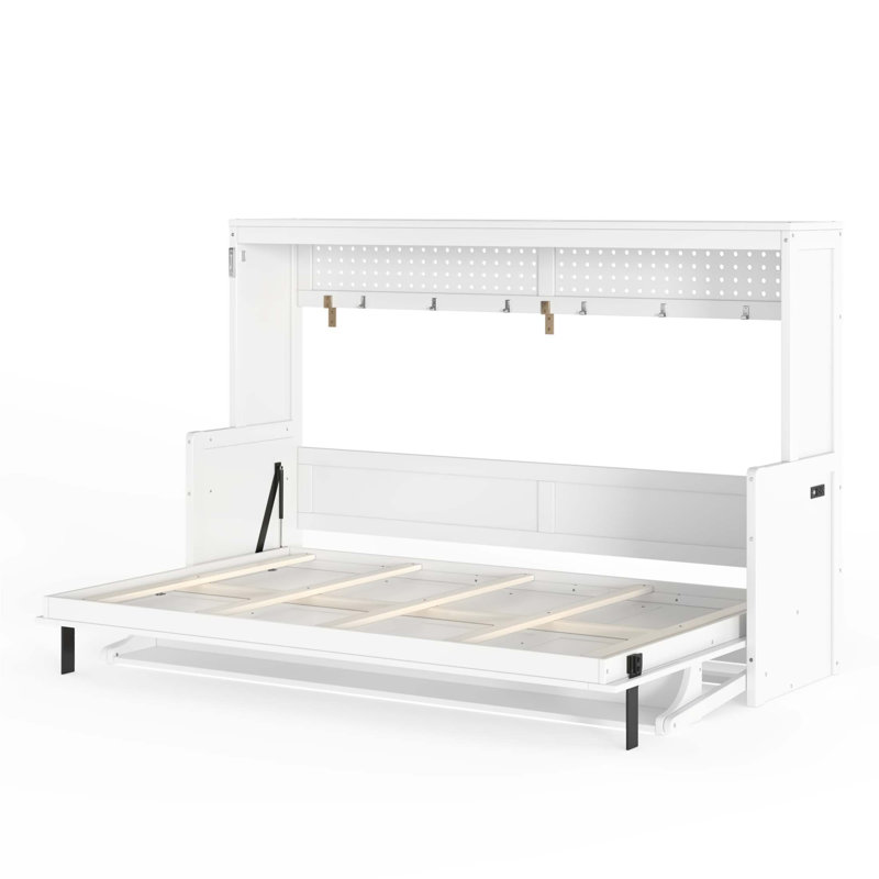  Lit escamotable avec bureau intégré, station de charge USB et lumières DEL pour petits espaces, Lit double, Blanc