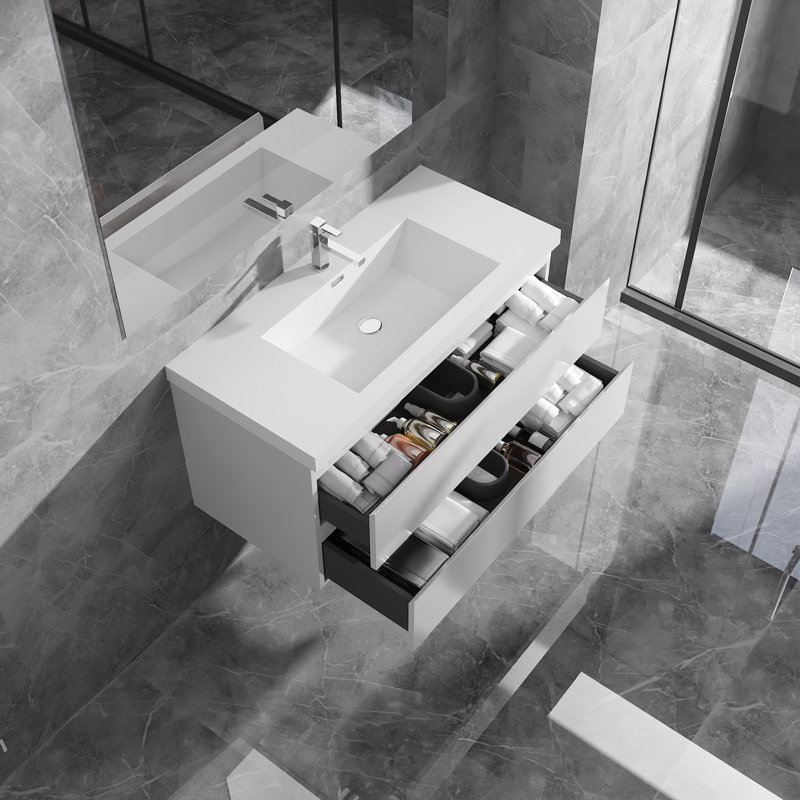 Meuble-lavabo simple flottant simple 42 po avec lavabo à surface solide Dhruven, White