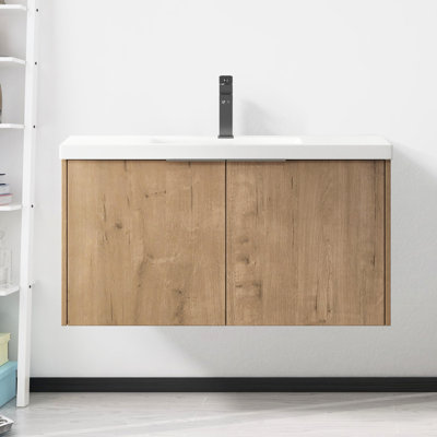 Meuble-lavabo de 36 po avec lavabo et portes à fermeture en douceur, chêne imitation, fixation murale, évier de rangement 36 po
