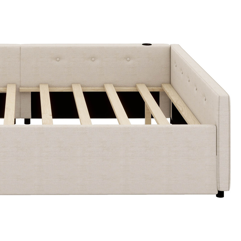 Cadre de lit plateforme pour adulte rembourré avec port USB et lit gigogne, Grand lit