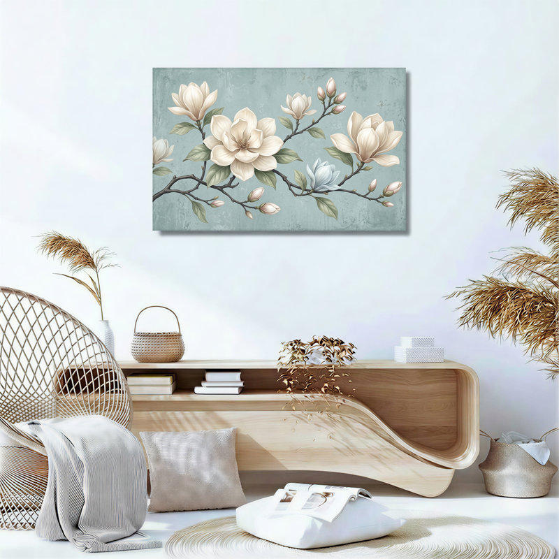 Art mural sur toile crème avec fleurs de magnolia et bourgeons roses sur des branches, H 32 po x l 48 po