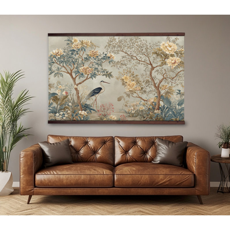 Art mural botanique rétro avec héron et paysage floral - Décoration suspendue de style chinois classique, H 45 po x l 73 po