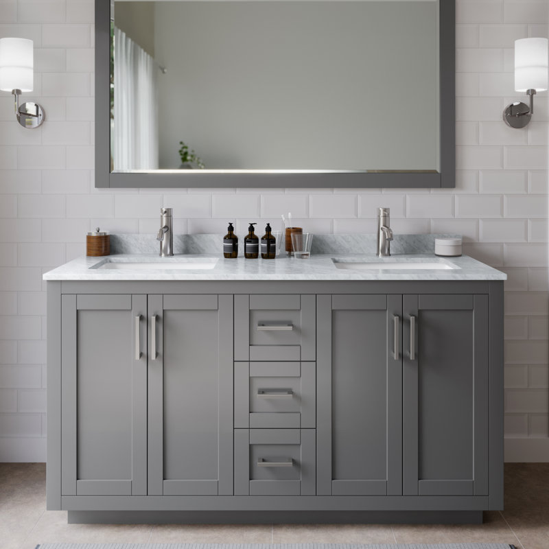 Miranda 60" Freestanding Double Bathroom Vanity with Marble Top, Dark Gray, Brushed Nickel
