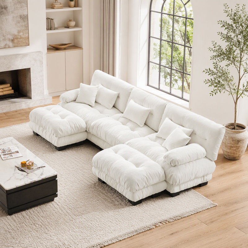 Canapé d'angle modulaire de luxe - Canapé nuage surdimensionné en forme de U pour salon, assise profonde avec 2 poufs, chenille blanche