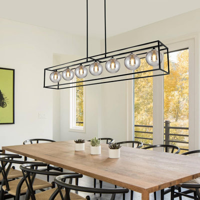 Lustre spoutnik linéaire moderne avec globes en verre gris fumée, luminaire en fer noir 7 lumières pour la salle à manger, l'îlot de cuisine et le salon