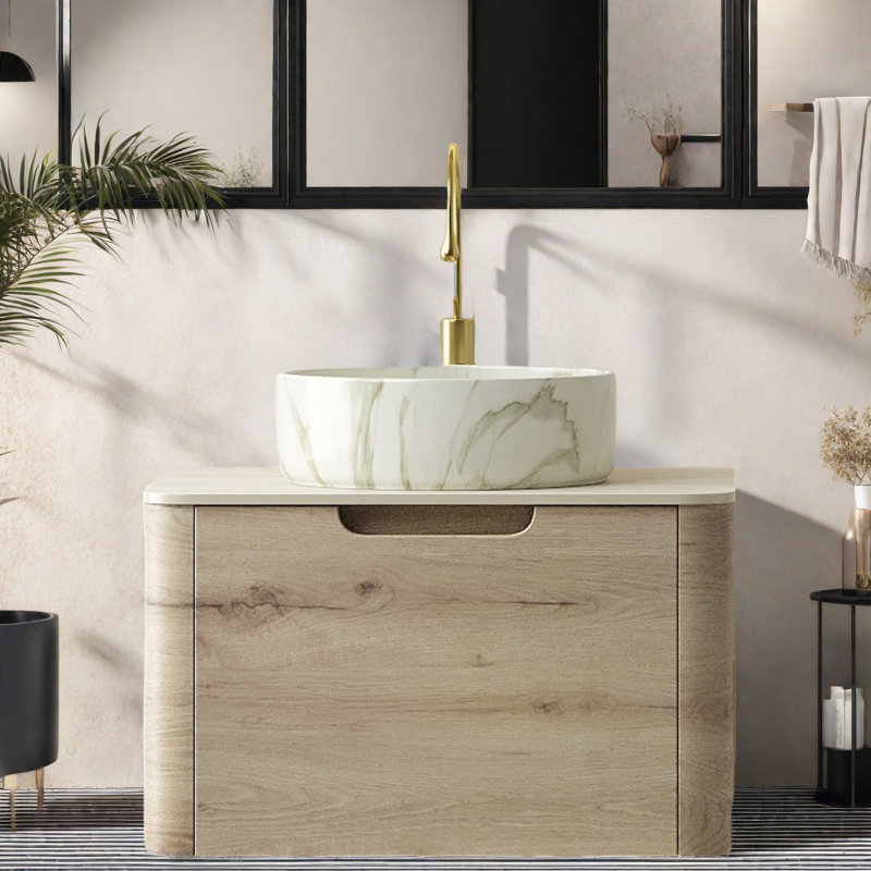 Meuble-lavabo moderne avec lavabo, contreplaqué durable, finition chêne blanc, parfait pour la salle de bain