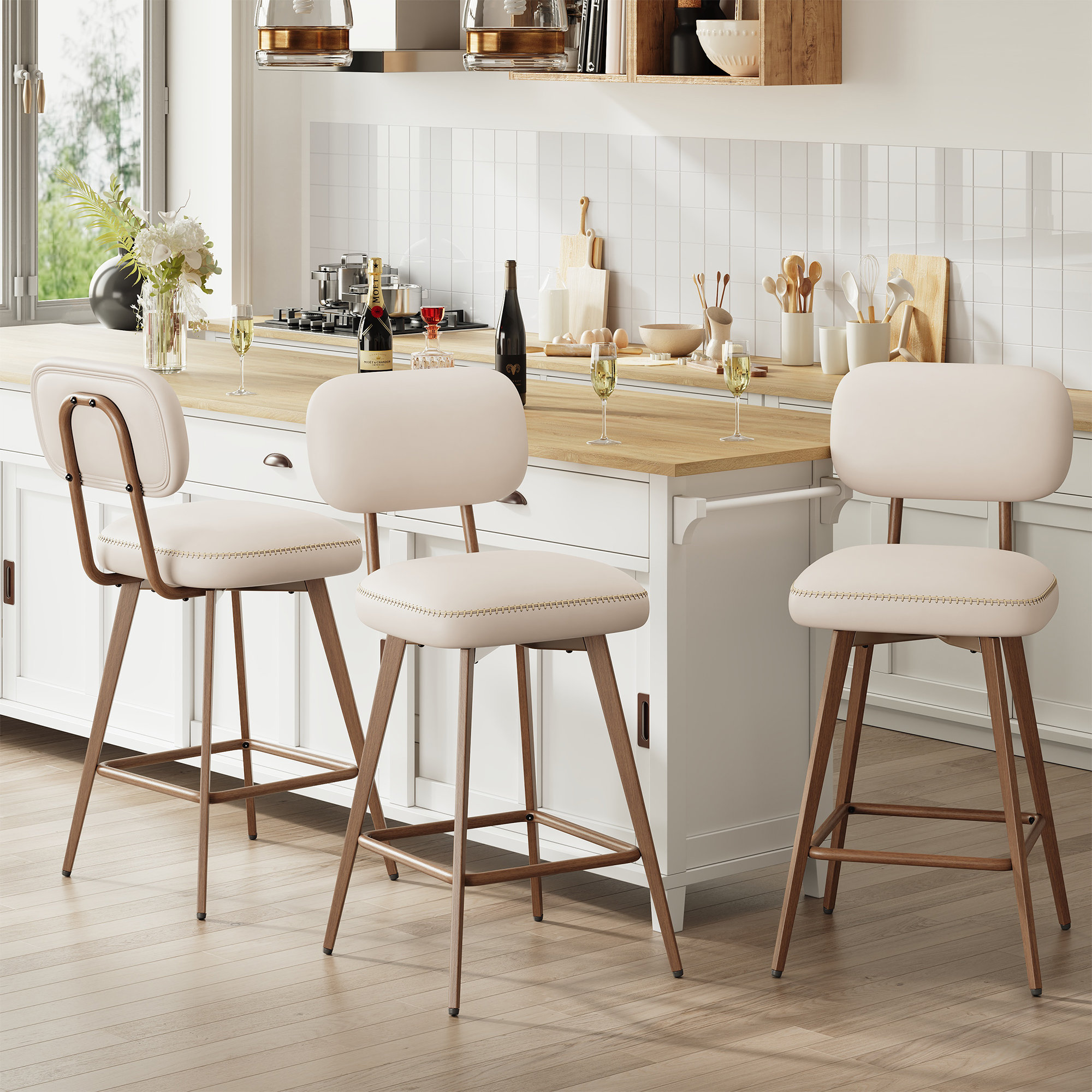 Tabourets De Bar En Cuir Et Bois Avec Assise, Pivotants à 360° Avec Dossier, Hauteur Bar, Idéaux