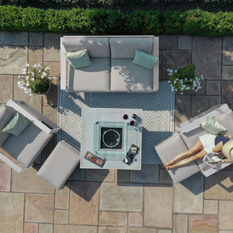 Hafza 2 Seat Aluminium Sofa Set - with Square Fire Pit Table - White, Light Grey, White