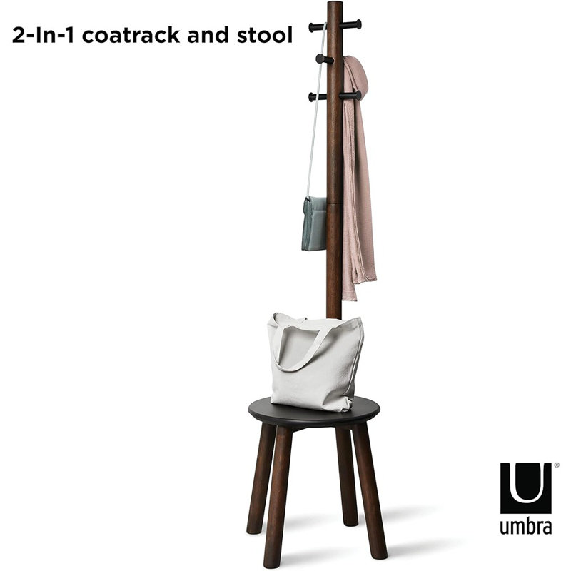 Black and Walnut Multifunctional Coat Rack with Integrated Stool