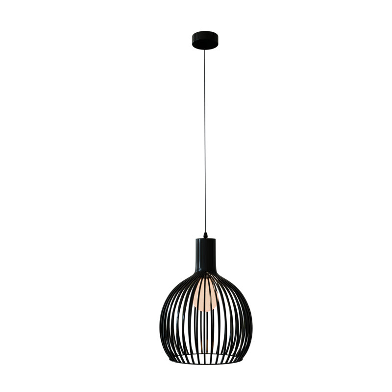 Modern Open Cage Ceiling Pendant Light with E27 LED Bulb Compatibility – Minimalist Lampshade Design, Matte Black, Black