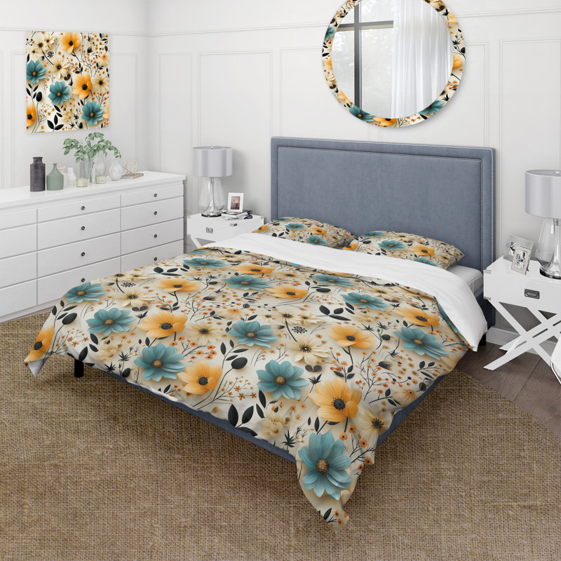 Ensemble de housse de couette à motif floral rétro bleu et beige, Housse de couette pour grand lit et 2 taies décor