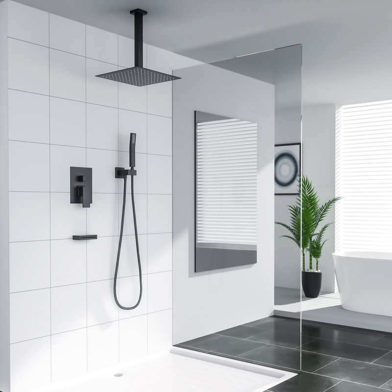 10” Ceiling Mounted Shower Head Dual Function Complete Shower System with Rough in-Valve and Bathtub Faucet, Matte Black