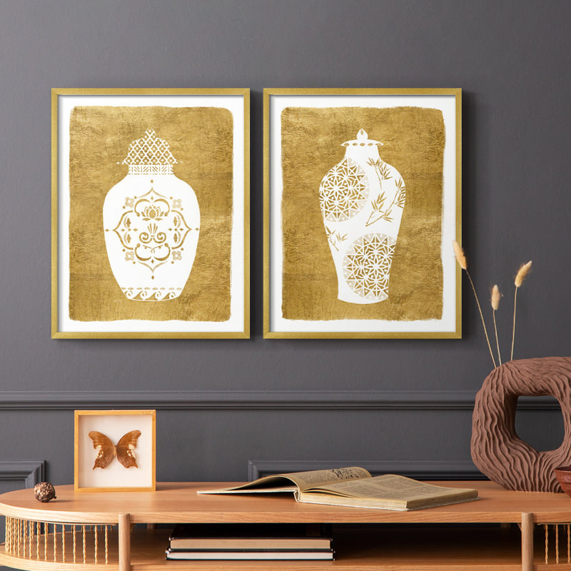 Golden Urn I - impression encadrée de qualité supérieure - prête à être accrochée - aucun clou requis - aucun clou requis