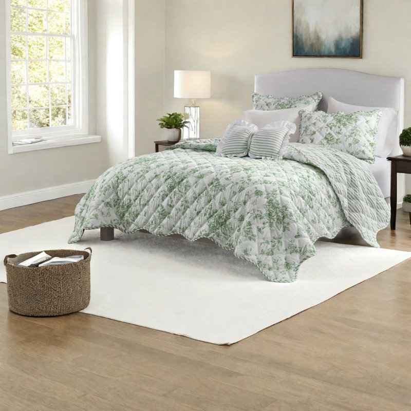 Ensemble de literie très grand vert, courtepointe florale réversible en polyester doux pour la maison