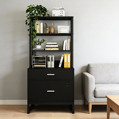 Hauteur du classeur avec deux tiroirs et une bibliothèque ouverte, idéal pour l'organisation du bureau, repose-pieds réglables pour la construction.