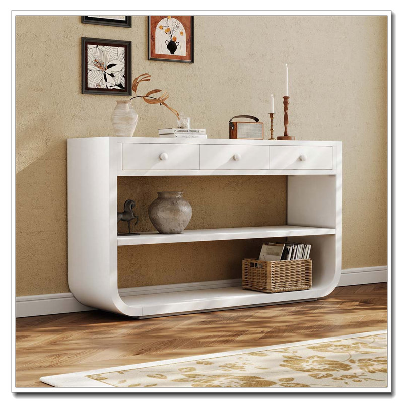 Console moderne avec 3 tiroirs à fermeture en douceur et 2 tablettes ouvertes, Blanc