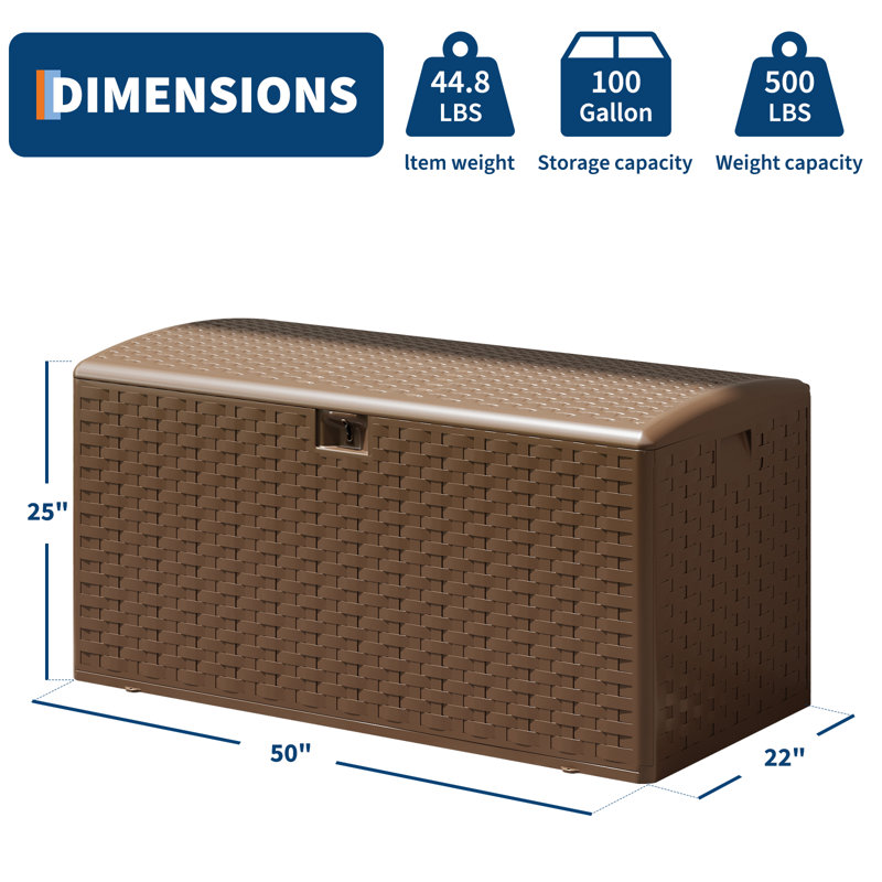 99 Gallon Brown Resin Outdoor Deck Storage Box - Waterproof & Lockable Bench with Gas Struts - UV-Resistant Rattan Texture for Cushions, Garden Tools, Pool Accessories