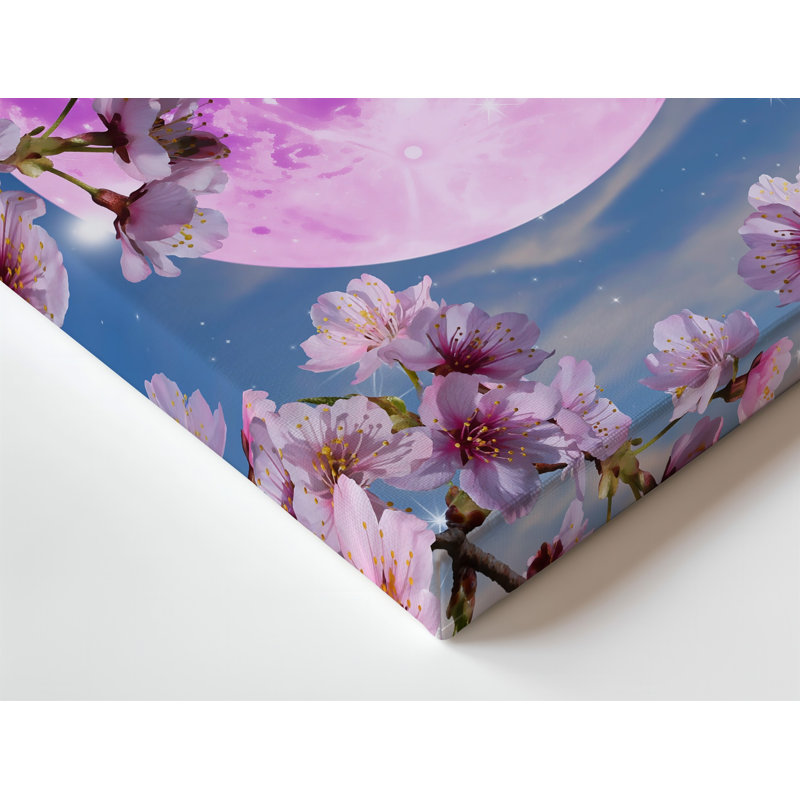 Toile Une scène de rêve avec de délicates branches de cerisiers en fleurs ornées de fleurs roses tendres sur fond de toile rose lumineuse