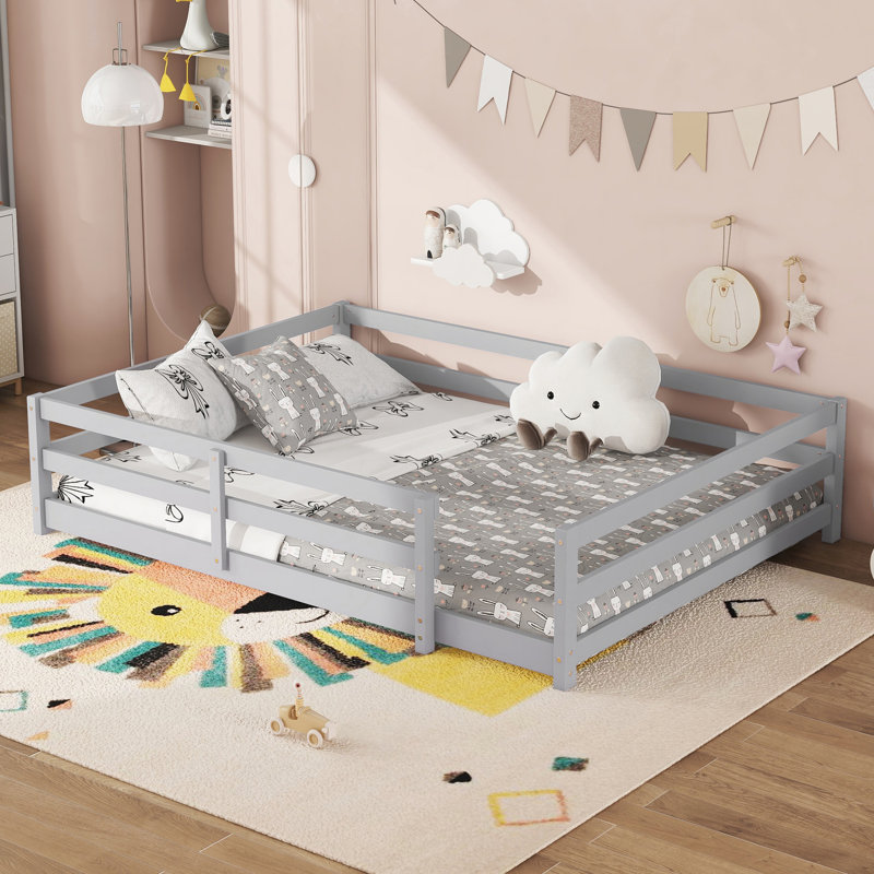 Poppyx Montessori Floor Bed Set With Fence, Sturdy Pine Wood And Safe Guardrails, Full, White
