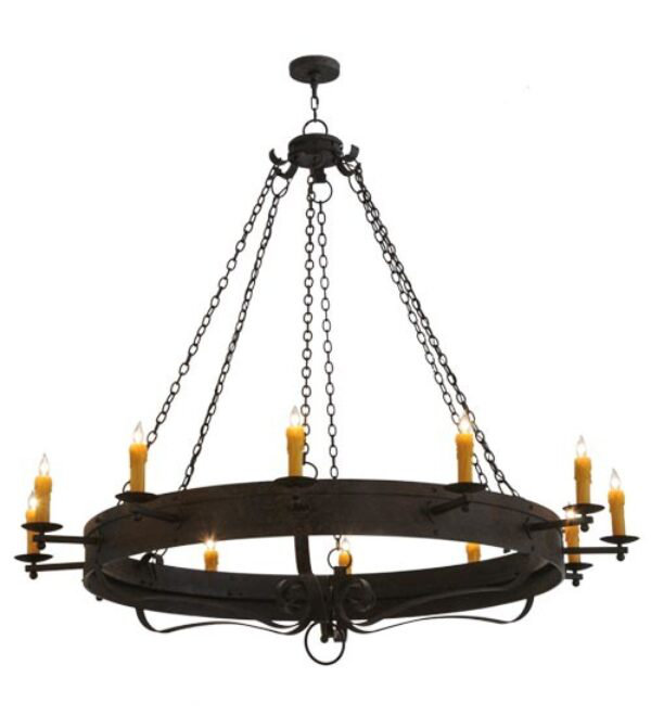 Lustre en roue de chariot unique et remarquable à 12 lumières Parnella, Tabac doré, Faille pacane