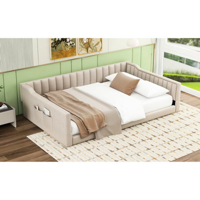 Lit de jour double rembourré beige avec rangement latéral - Confortable et élégant pour la chambre d'amis, sans sommier, processus d'assemblage facile en velours