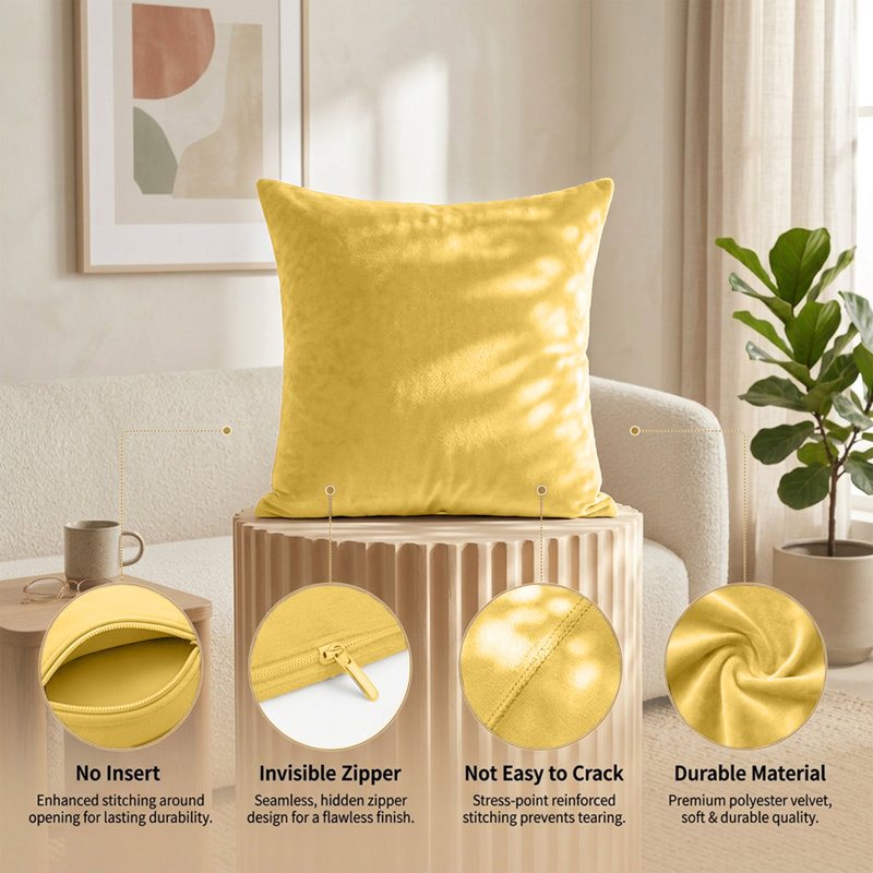 Plain Velvet Cushion Cover-(Pack of 4), Ochre