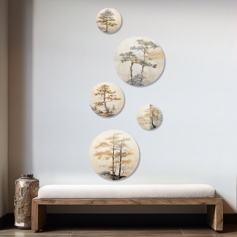 «Beige Tree Pine Tranquility» - ensemble d'art mural rond en pin