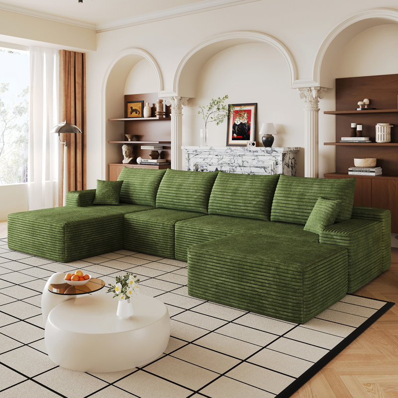 Canapé modulaire 135 po avec 1 repose-pieds Cloud, fauteuils rembourrés minimalistes modernes, canapé confortable en forme de U pour le salon, canapé d'angle à siège profond, sans assemblage requis, noir (tissu en velours côtelé moelleux), vert