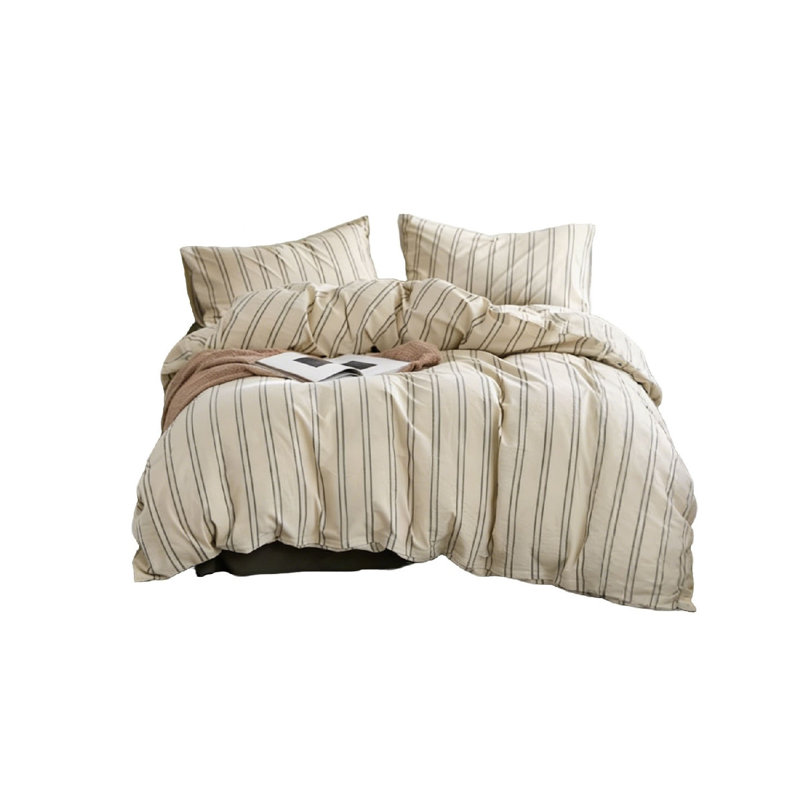 Polyester Floral Duvet Cover Set, Beige/Grey Striped, Kingsize Duvet Cover + 2 Pillowcases