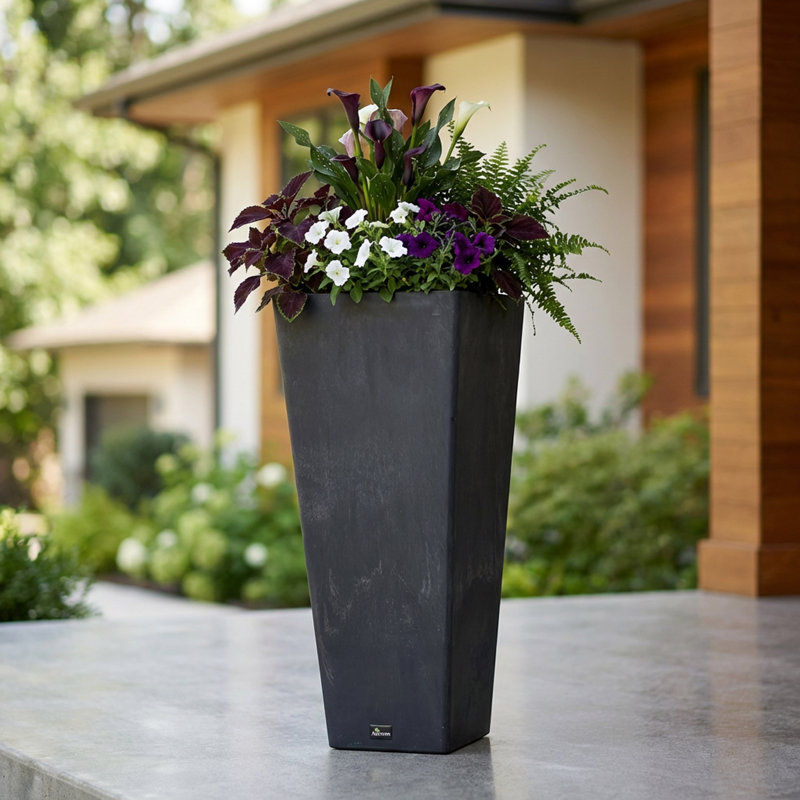 Valencia 10.5"x24"H Square Planter with Water Tray, Black