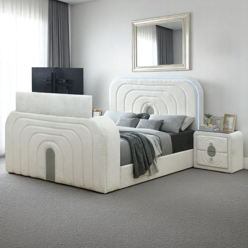 Sherpa Shelyn Teddy et grand lit chromé avec DEL, meuble télé, foyer et Bluetooth, Blanc
