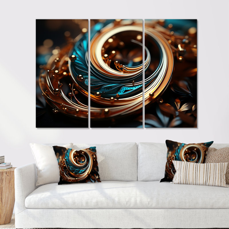 Or turquoise harmonie ornementale - ensemble de reproductions d'art abstrait spirales abstraites, Toile tendue
