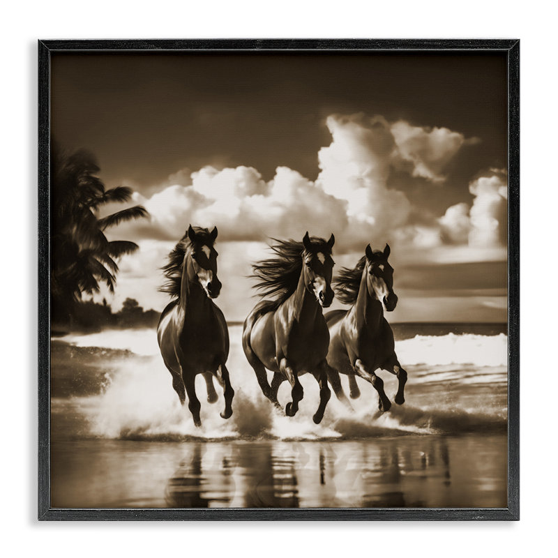 Sépia étalons au galop, estampe numérique par Noah Bay, Giclée encadrée noir minuit, H 17 po x l 17 po