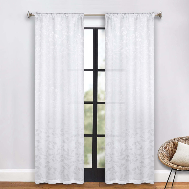  Modern Bohemian Leaves Pattern 100% Polyester Machine Washable Room Darkening Blackout Curtains, White, 26" W x 84" L