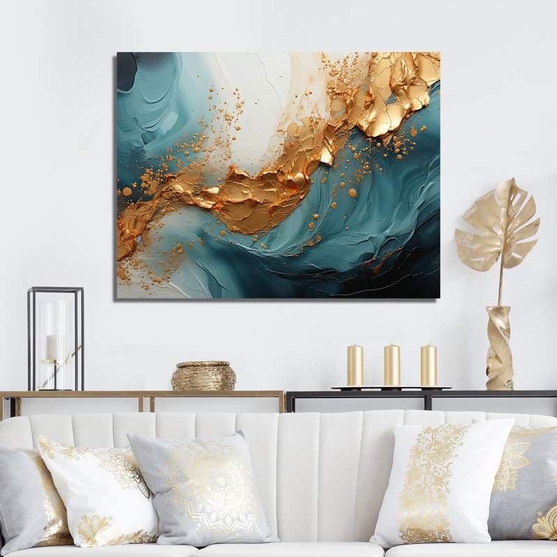 Or bleu sarcelle, spirale abstraite, art mural, H 12 po x l 20 po x P 1 po, Toile tendue
