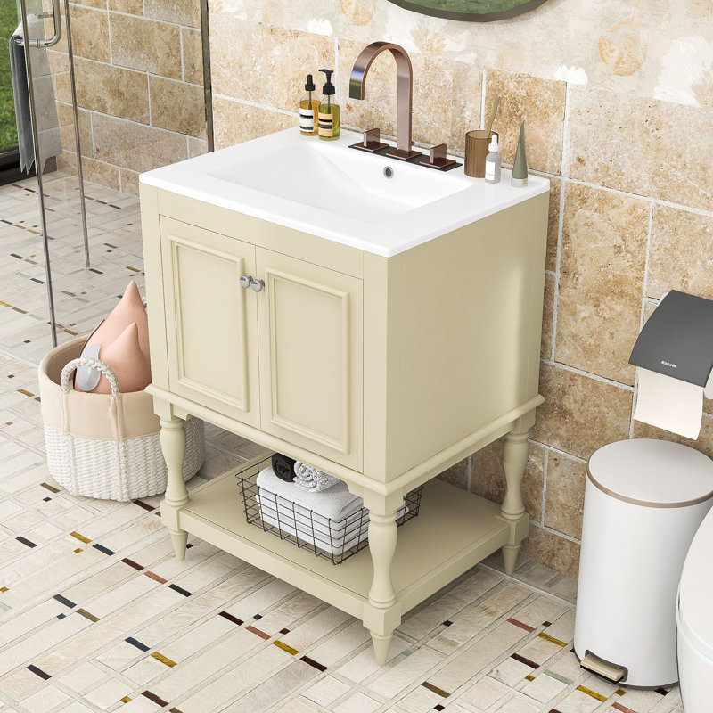 Meuble-lavabo autoportant élégant avec lavabo en céramique, tablette ouverte et rangement fermé, Beige