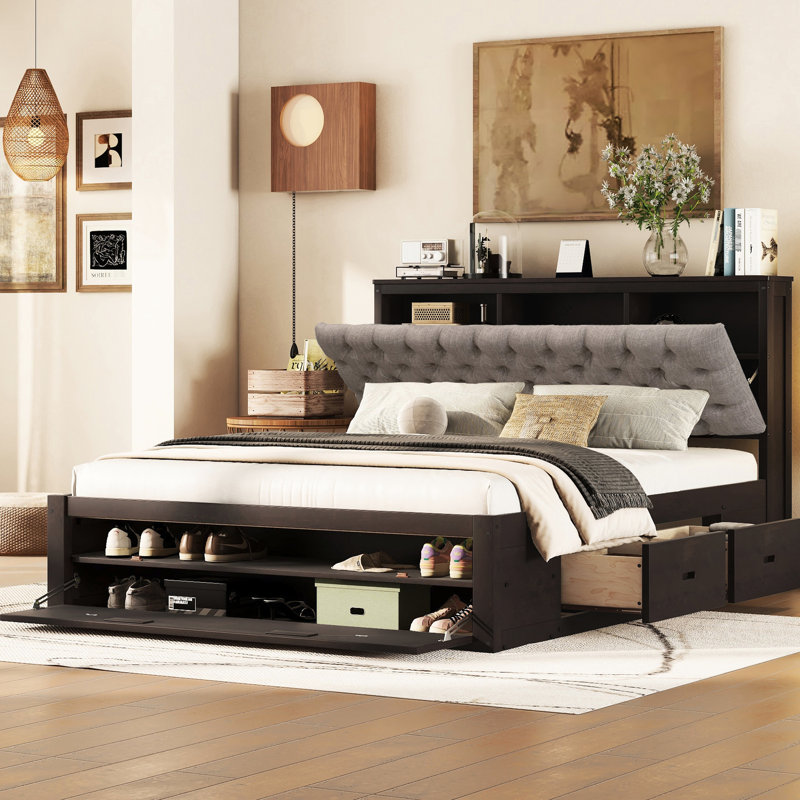 Wood Bed For Queen With Storage Headboard, 4 Drawers & Shoe Rack, Headboard Storage, Drawers, Rack , Quality, Espresso