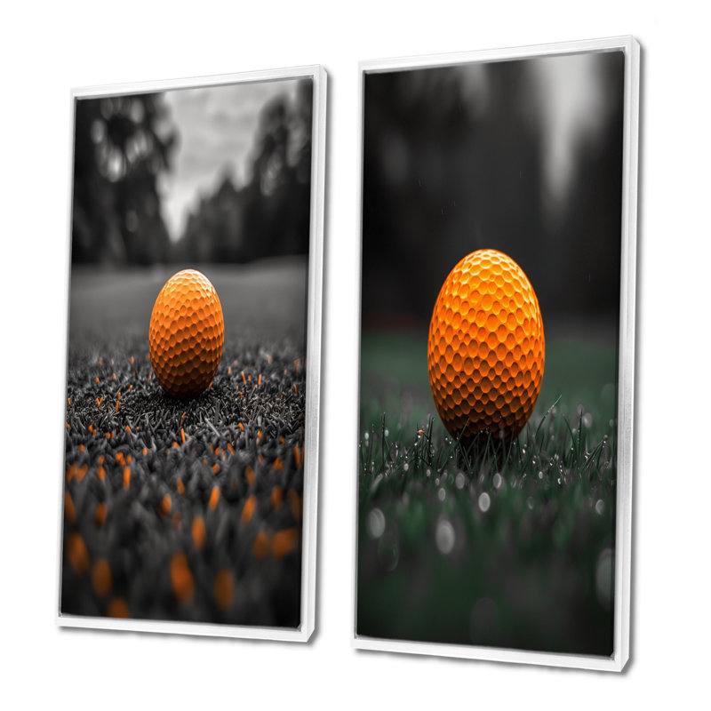 Ensemble de 2 balles de golf monochromes gris orange I, H 28 po x l 24 po, Impression encadrée, Blanc
