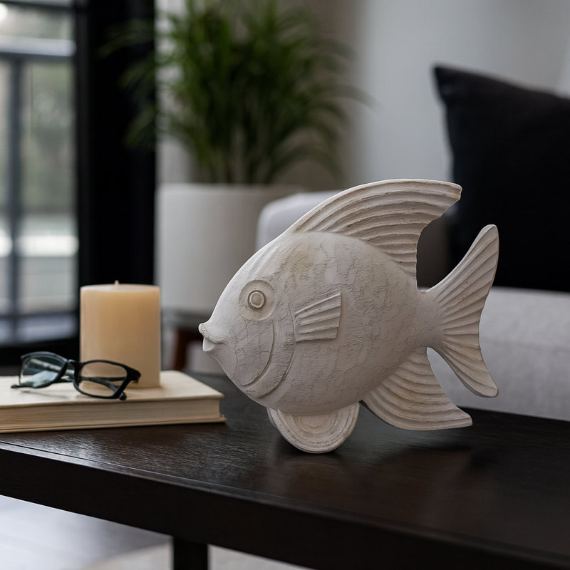 Bywood Minimalist Resin Fish Figurine Object for Home Decor - Decorative Coastal Sculpture for Office, Table, and Living Room Decorations - White
