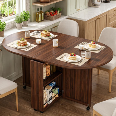 Table de salle à manger pliante avec rangement, table de cuisine à abattant avec support à vin et tiroir, table pliante roulante avec roues verrouillables pour les petits espaces, appartement et salle à manger