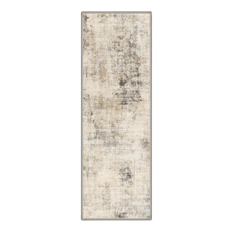 Mignone Modern Distressed Abstract Machine Washable Beige / Grey Indoor Area Rug with Non-Slip Backing, Runner 2' x 7'